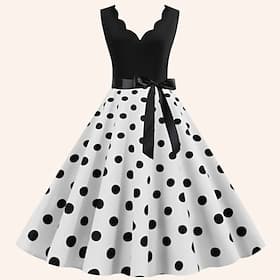 Années 1950 Rétro Vintage Rockabilly Mi-long Robe Rockabilly Robe Évasée Pois Col en V Déguisement Femmes Noël Halloween Carnaval Bal de promo Soirée Fête de f