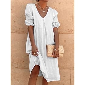 Women's Midi Dress Linen-feel Dresses Shift Dress Shirt Dress White Dress Basic Modern Daily Weekend Loose Fit Plain 3/4 Length Sleeve V Neck Blue Black White