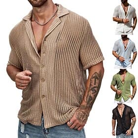 Men's Shirt Summer Shirt Button Up Shirt Black White Light Green Sky Blue khaki Short Sleeves Solid / Plain Color Open Front Daily Wear Hole Clothing Apparel T