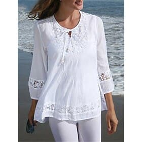 Dame Skjorte مزيج القطن Blondeskjorte Bluse Blonde Lapper عادي Grunnleggende Moderne 3/4 ermer Crew-hals Vanlige topper Avslappet Svart Hvit Vin Navyblå Sommer