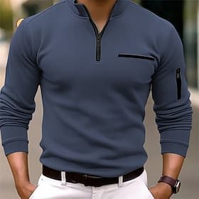 Men's Pullover Sweatshirt Zip Polo Sports Outdoor Casual Standing Collar Quarter Zip Long Sleeve Fashion Basic Plain Quarter Zip Spring   Fall Regular Fit Dark