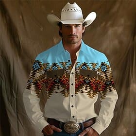 Men's Aztec Tribal Ethic / African Western Shirt Cowboy Shirt Long Sleeve Vintage Western Style Tribal Outdoor Vacation Horse Race Spring  Summer Turndown Prin