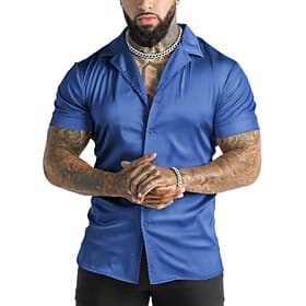 Men's Shirt Satin Shirt Summer Shirt Button Up Shirt Casual Shirt Black White Blue Short Sleeve Solid Color Lapel Daily Vacation Clothing Apparel Fashion Casua