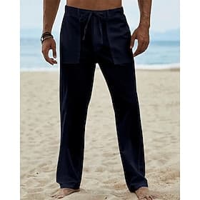 Men's Linen Pants Trousers Summer Pants Beach Pants Pocket Elastic Waist Straight Leg Plain Comfort Breathable Daily Holiday Vacation Hawaiian Boho ArmyGreen B