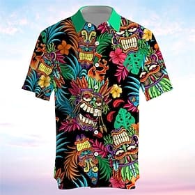 Men's Totem Shirt Summer Hawaiian Shirt Aloha Shirt Short Sleeve Shirt Turndown Vacation Hawaiian Outdoor Vacation Hawaiian Blue Fuchsia Green S M L