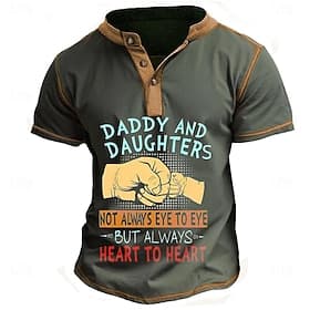 Men's Daddy Daughters Short Sleeve Henley Graphic T-Shirt - Not Always Eye to Eye But Always Heart to Heart Family Love Tee