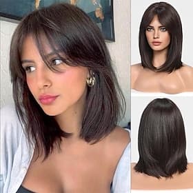 Perruques marron foncé pour femmes, perruque lisse avec frange de rideau, longueur d'épaule, perruque synthétique naturelle pour usage quotidien