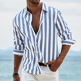 Men's Shirt Linen Shirt Summer Shirt Beach Shirt Cotton Linen Shirt Striped Shirts Striped Vacation Hawaiian Yellow Red Blue Green Long Sleeve Turndown Spring