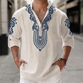 Men's Tribal Ethnic Bandana Print Shirt Linen Shirt Button Up Shirt Long Sleeve Tribal Vacation Daily Wear Going out Spring   Fall Stand Collar Buttons Print W