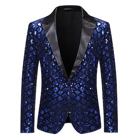 Male Blazer Wedding Party Party  Evening Pocket All Seasons Sequined Glittery Wedding Single Breasted Blazer Silver Black Royal Blue Gold