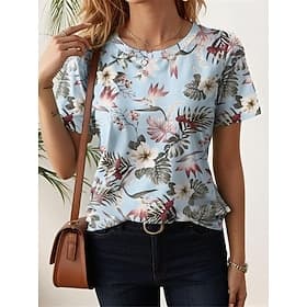 Women's T Shirt Fashion Floral Print Short Sleeve Regular Tops Crew Neck Daily Weekend White Yellow Blue Purple Summer