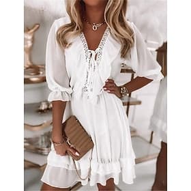 Women's Mini Dress Lace Dress White Dress Plain Dress Vintage Streetwear Vacation Street Holiday Loose Fit Plain Half Sleeve V Neck White Summer