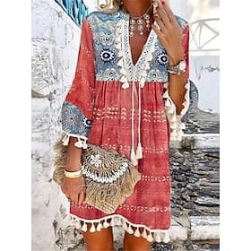 Women's Mini Dress Petite Dress Casual Dress Long Sleeve Boho Dress Summer Dress Boho Dress Bohemia Ethnic Vacation Holiday Loose Fit Floral Geometric Color Bl