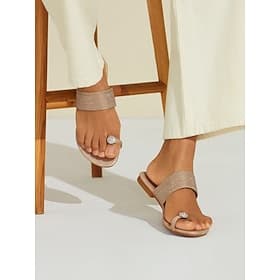 Women's Flat Heel Champagne Slip-On Sandals with Rhinestone Embellishments  Luxurious Boho Beach Wedding Guest Footwear