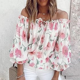 Women's Shirt Blouse Lace up Buttons Print Floral Fashion Long Sleeve Cold Shoulder Off Shoulder Regular Tops Casual Holiday Blue White Pink Beige Summer