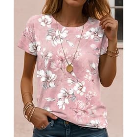 Women's T Shirt Print Floral Casual Short Sleeve Round Neck Regular Tops Daily White Yellow Pink Purple Green Summer