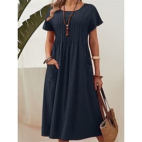 Women's Midi Dress 100% Cotton Shift Dress Casual Dress Vacation Basic Modern Daily Weekend Loose Fit Plain Short Sleeve Crew Neck Red Navy Blue Green Summer S