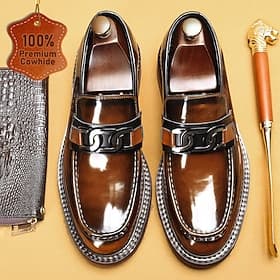Men's Premium Cowhide Leather Loafers with Glossy Finish, Chain Detail - Formal Dress Shoes for Business, Weddings  Special Occasions