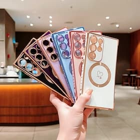 Phone Case For Samsung Galaxy S26 Ultra Plus S25 S24 S23 S22 S23 FE S21 Ultra Plus Back Cover Support Wireless Charging Shockproof Heart TPU Plating