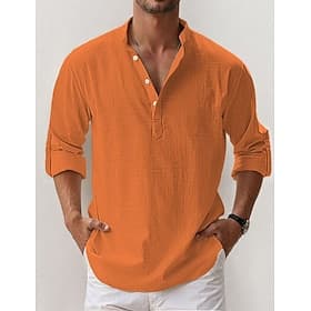 Men's Linen Shirt Popover Shirt Summer Shirt Beach Wear Casual Shirt Band Collar Shirt Plain Vacation Hawaiian Black White Pink Blue Long Sleeve Henley Spring