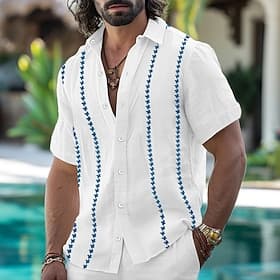 Herren Hemd leinenhemd Guayabera Hemd Sommerhemd Strandbekleidung Knopfhemd Glatt Casual Täglich Schwarz Weiß Orange Kurzarm Kragen Sommer Frühling Bekleidung