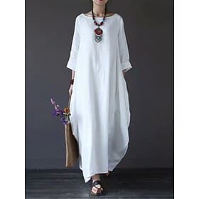 Women's Maxi Dress Linen-feel Dresses Shirt Dress White Dress Casual Daily Weekend Loose Fit Plain 3/4 Length Sleeve Crew Neck Blue Black White Red Summer Spri