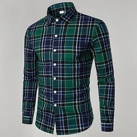 Men's Shirt Dress Shirt Button Up Shirt Plaid Wedding Party Light Yellow Black Red Green Long Sleeve Lapel Spring   Fall Clothing Apparel