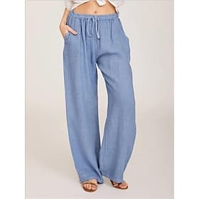 Women's Linen-feel Pants Summer Pants Comfort Full Length Natural Pure Color Pocket Elastic Waist Breathable Micro-elastic Home Khaki Black White Wine Summer