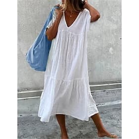 Femmes Robe Midi Robes en coton et lin 100% Coton Robe fourreau Robe d'Été Occasionnel Quotidien Vacances Coupe Ample Uni Manche Courte Col en V Noir Blanche V