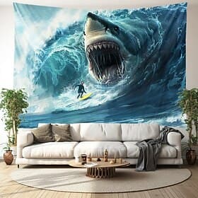 Surfing Shark Ocean Hanging Tapestry Wall Art Large Tapestry Mural Decor Photograph Backdrop Blanket Curtain Home Bedroom Living Room Decoration