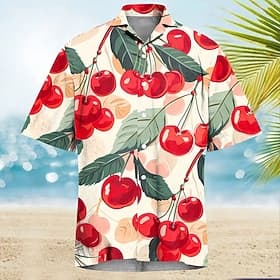 Herren Frucht Kirsche Hawaiihemd Sommerhemd Aloha-Shirt Kurze Ärmel Hemd Umlegekragen Brautkleider schlicht Outdoor Urlaub Strasse Gelb Rote Grün S M L