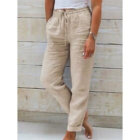 Women's Cotton Linen Pants Chinos Summer Pants Pants Trousers Basic Casual Long High Waist Plain Pocket Elastic Drawstring Design High Cut Breathability Soft M