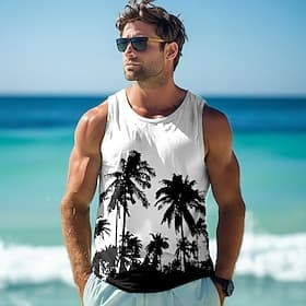 Men's Graphic Coconut Palm Vest Top Sleeveless T Shirt for Men Sleeveless T shirt 3D Print Crew Neck Shirt Vacation Tropical Designer Daily Party Gym White Spr