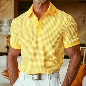 Men's Waffle Polo Shirts Textured Casual Holiday Lapel Ribbed Polo Collar Short Sleeve Fashion Basic Plain Buttons Soft Summer Spring Regular Fit White Yellow