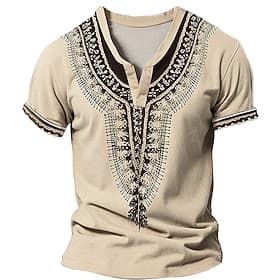 African Pattern V Neck Men's Ethnic Style 3D Print T shirt Tee Henley Shirt Casual Daily T shirt Blue Khaki Short Sleeve Henley Shirt Summer Clothing Apparel S