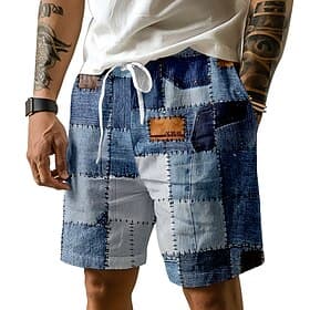 Men's Denim Color block stitching Swim Trunks Swim Shorts Board Shorts Mid Waist Hawaiian Casual Holiday Beach Drawstring with Mesh lining Elastic Waist Design