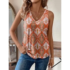Women's Camisole Tank Top Vest Vintage Ethnic Boho Geometric Print Sleeveless Regular Tops V Neck Vacation Orange Summer