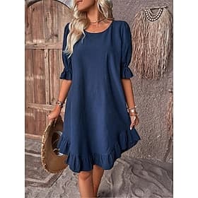 Women's Midi Dress Linen-feel Dresses Shift Dress Cotton Summer Dress Casual Daily Vacation Loose Fit Plain Half Sleeve Crew Neck Black Red Navy Blue Green Sum