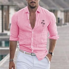 Men's Shirt White Cotton Shirt Minimalist Aloha Shirt Casual Shirt Cotton Linen Shirt Cotton Shirt Palm Tree Vacation Hawaiian Black White Pink Gray Long Sleev