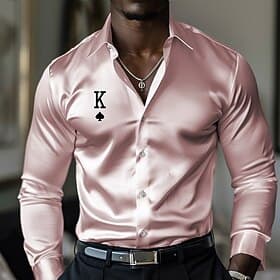 Men's Satin Shirt Dress Shirt Button Up Shirt Vacation Party Black White Yellow Pink Long Sleeve Turndown Fall Spring  Summer Clothing Apparel Print