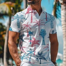 Men's Hawaiian Polo Shirts Golf Shirt Short Sleeve Polo Shirts Collared Shirts Beach Wear Vacation Wear Tropical Wear Party Outfits Buttons 3D Print White Yell
