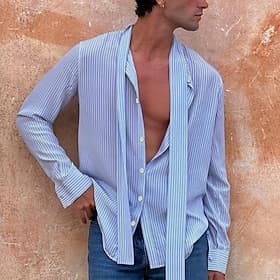 Men's Shirt Summer Shirt Casual Shirt Beach Shirt Button Up Shirt Light Blue Long Sleeve Stripes Lapel Vacation Hawaiian Button-Down Clothing Apparel Polyester
