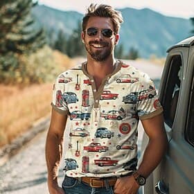 Voor heren Automatisch Henley-shirt Korte mouw 3D-afdrukken Vakantie Retro vintage Feest Straat Zomer Lente Geel Khaki Strakke ronde hals Henley-T-shirt