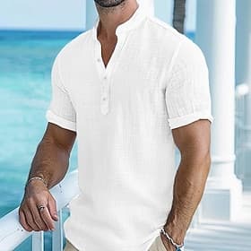 Homme Chemise Chemise Lin Chemise à col officier Chemise à enfiler Chemisette Chemise d'été Tenues de plage Plein Vacances Curise Blanche Bleu Orange Manche Co