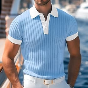 Men's Textured Muscle Shirt Casual Work Ribbed Polo Collar Classic Short Sleeve Basic Modern Color Block Ribbed Spring Summer Slim Fit Blue White Yellow Green
