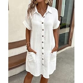 robe mini femme, robe chemise effet lin, robe en coton et lin, robe d'hiver, robe décontractée de vacances, coupe classique, unie, manches courtes, col en V, b