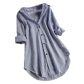 Women's Shirt Cotton Blend Button Up Blouse Buttons Print Striped Casual Long Sleeve Shirt Collar Long Tops Daily Blue Black Pink Red Navy Blue Spring   Fall S