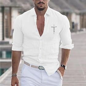 Herren Hemd leinenhemd Hemd aus Baumwollleinen Weißes Baumwollhemd Lässiges Hemd Baumwoll-Shirt Kreuz Hawaiianisch Festtage Schwarz Weiß Rosa Grau Langarm Karg