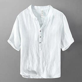 Herren Hemd leinenhemd Lässiges Hemd Baumwoll-Shirt Glatt Strasse Hawaiianisch Schwarz Weiß Khaki Grau Kurzarm V Ausschnitt Sommer Bekleidung Button-Down