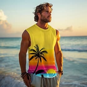 Herre Grafisk Kokospalme Vest topp Ermeløs T-skjorte for menn Ermeløs T skjorte 3D-utskrift Crew-hals Skjorte Ferie Tropisk Designer Fest Daglig Treningssenter